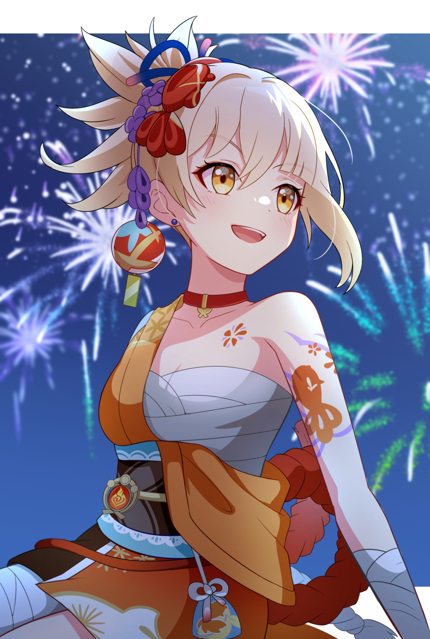 1girl :d absurdres aerial_fireworks arm_support arm_triangle_choke bandaged_arm bandages bangs blurry chest_tattoo choker collarbone commentary_request depth_of_field ear_piercing eyeshadow fireworks genshin_impact hadanugi_dousa hair_between_eyes hair_ornament highres itsumiruka japanese_clothes light_brown_hair long_hair long_sleeves looking_away makeup night night_sky obi obiage piercing ponytail pouch rope sarashi sash shimenawa short_sleeves sidelocks sitting sky smile solo tattoo vision_(genshin_impact) yellow_eyes yoimiya_(genshin_impact)