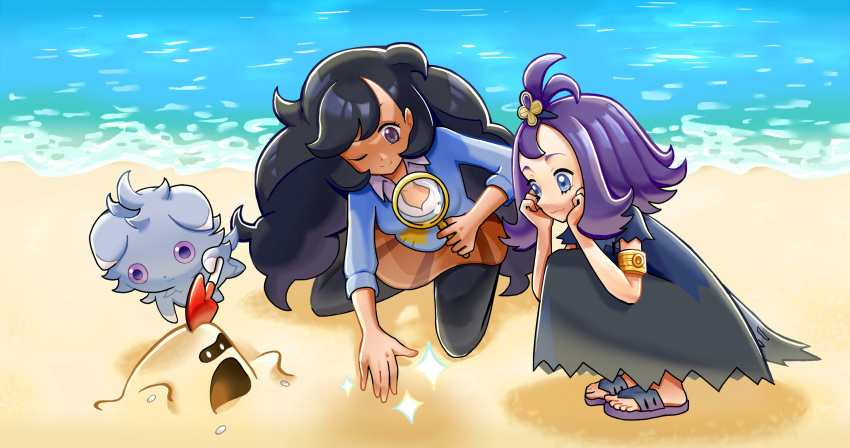 2girls ;) acerola_(pokemon) armlet bangs black_hair black_pantyhose blue_sweater brown_skirt closed_mouth collared_shirt commentary_request curly_hair dress emma_(pokemon) espurr ffccll flip-flops flipped_hair grey_eyes hair_ornament hairclip highres holding holding_magnifying_glass long_hair looking_down magnifying_glass multicolored_clothes multicolored_dress multiple_girls one_eye_closed pantyhose pokemon pokemon_(creature) pokemon_(game) pokemon_sm pokemon_xy purple_hair sand sandals sandygast shirt shore short_sleeves skirt smile sparkle squatting sweater topknot torn_clothes torn_dress water