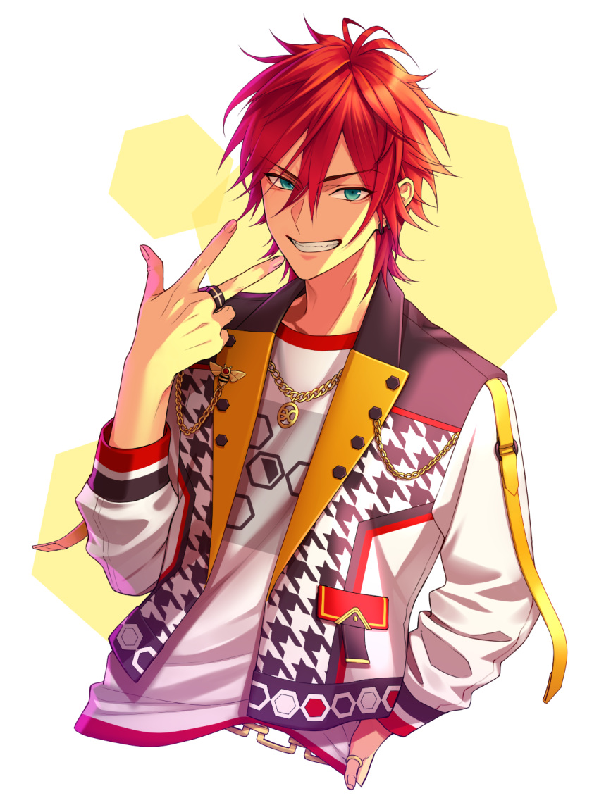 1boy amagi_rinne aqua_eyes black_jacket chain chain_necklace chimachi cropped_torso earrings ensemble_stars! gold_chain grin hair_between_eyes hand_on_hip hand_up highres jacket jewelry long_sleeves looking_at_viewer male_focus multicolored_clothes multicolored_jacket necklace open_clothes open_jacket redhead ring shirt short_hair smile solo w white_jacket white_shirt yellow_jacket