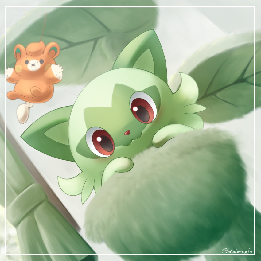 :3 curtains facing_viewer green_fur hands_up highres indoors leaf looking_at_viewer no_humans pet_bed pokemon pokemon_(creature) red_eyes sasabunecafe smile sprigatito stuffed_toy twitter_username