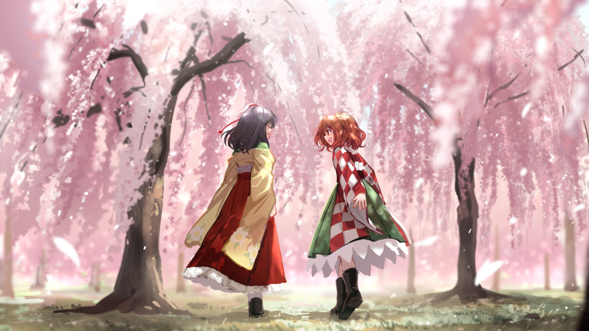 2girls bell black_footwear blush boots checkered_clothes checkered_kimono cherry_blossoms closed_eyes from_behind full_body green_kimono hair_bell hair_ornament hakama hieda_no_akyuu highres japanese_clothes jingle_bell kimono long_sleeves motoori_kosuzu multiple_girls open_mouth purple_hair red_eyes red_hakama redhead short_hair smile suna_(s73d) touhou tree two_side_up wide_sleeves yellow_kimono