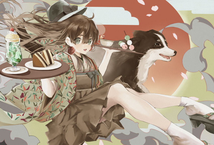 1girl absurdres ahoge bamboo_print bangs bow brown_hair brown_skirt cake cherry clouds commentary_request cup dango dog dog_request earrings floral_print flying food fruit glass green_eyes hair_lift hakama hakama_skirt hands_up haori hat hat_bow highres holding holding_plate ice ice_cream ice_cube japanese_clothes jewelry kimono knees_up leadin_the_sky long_hair looking_at_viewer obi open_mouth original plate red_sun sash short_sleeves skirt smile socks teacup wagashi whipped_cream white_socks