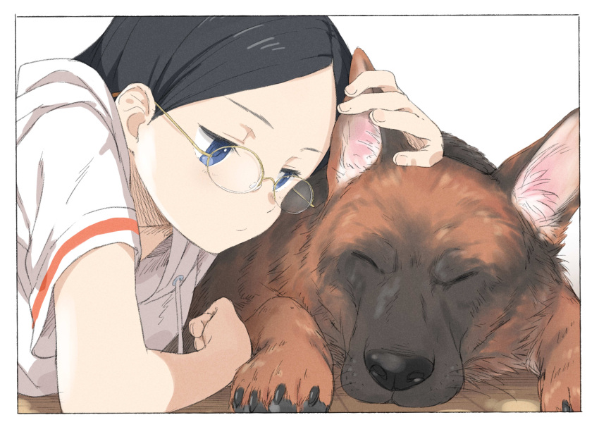 1girl animal_hands black_claws black_hair blue_eyes claws dog dog_paws german_shepherd glasses hand_on_another's_ear highres hooded_shirt laika_(sputnik2nd) looking_at_animal lying multicolored_fur orange_stripes original pawpads pointy_ears shirt sleeping whiskers white_shirt wooden_floor