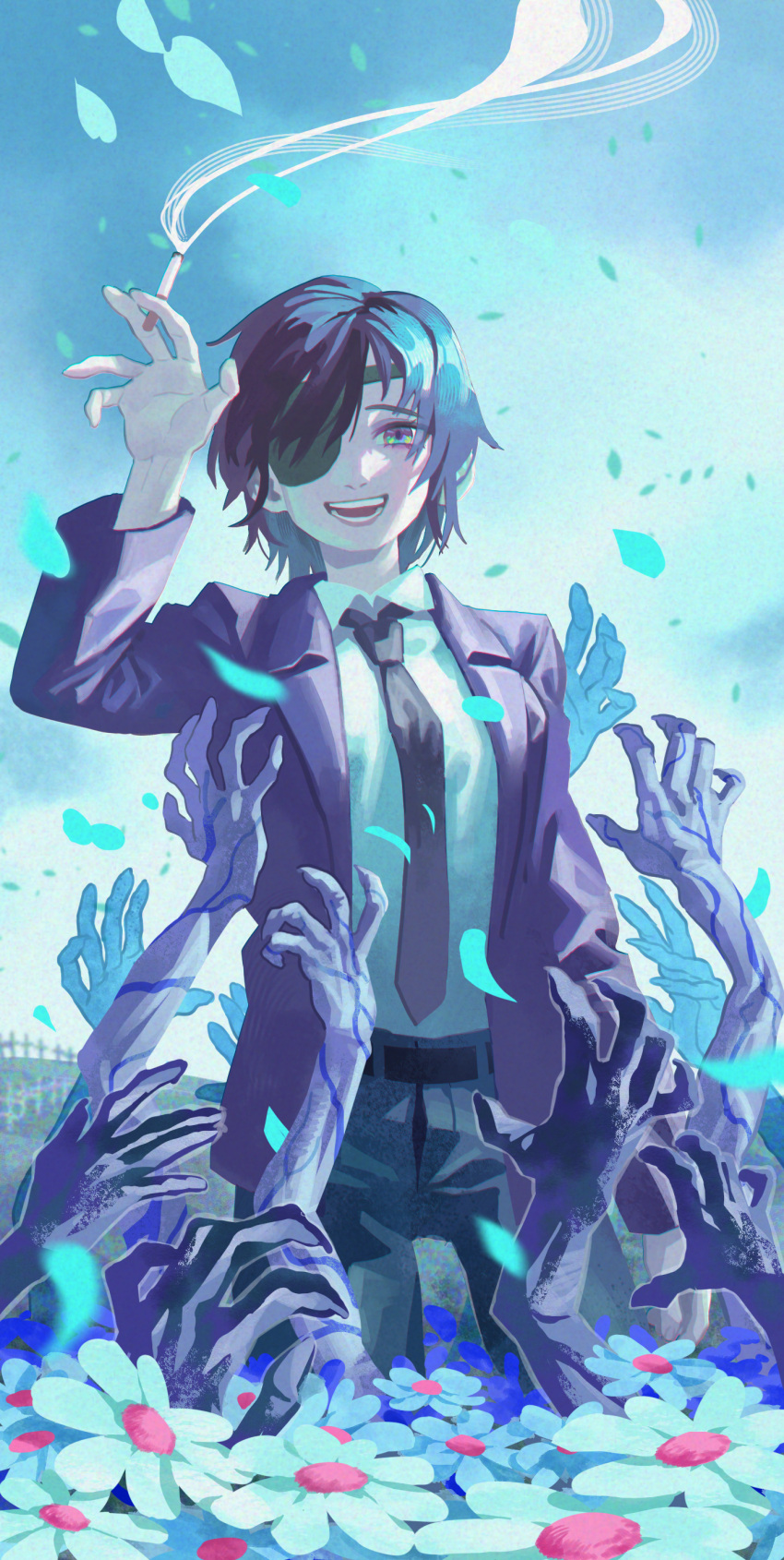 1girl :d absurdres bangs black_hair black_jacket black_necktie black_pants chainsaw_man cigarette clouds cloudy_sky collared_shirt eyepatch flower formal green_eyes greenless_417 highres himeno_(chainsaw_man) holding holding_cigarette jacket looking_at_viewer necktie open_mouth outdoors outstretched_arms pants shirt shirt_tucked_in short_hair sky smile smoke solo standing suit suit_jacket white_shirt