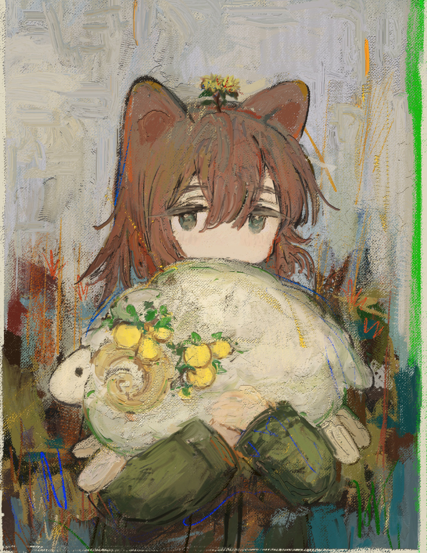 1girl animal_ears brown_hair cat_ears closed_mouth coat flower flower_on_head green_coat grey_eyes highres holding holding_animal looking_at_viewer outdoors paradis47 sheep short_hair solo