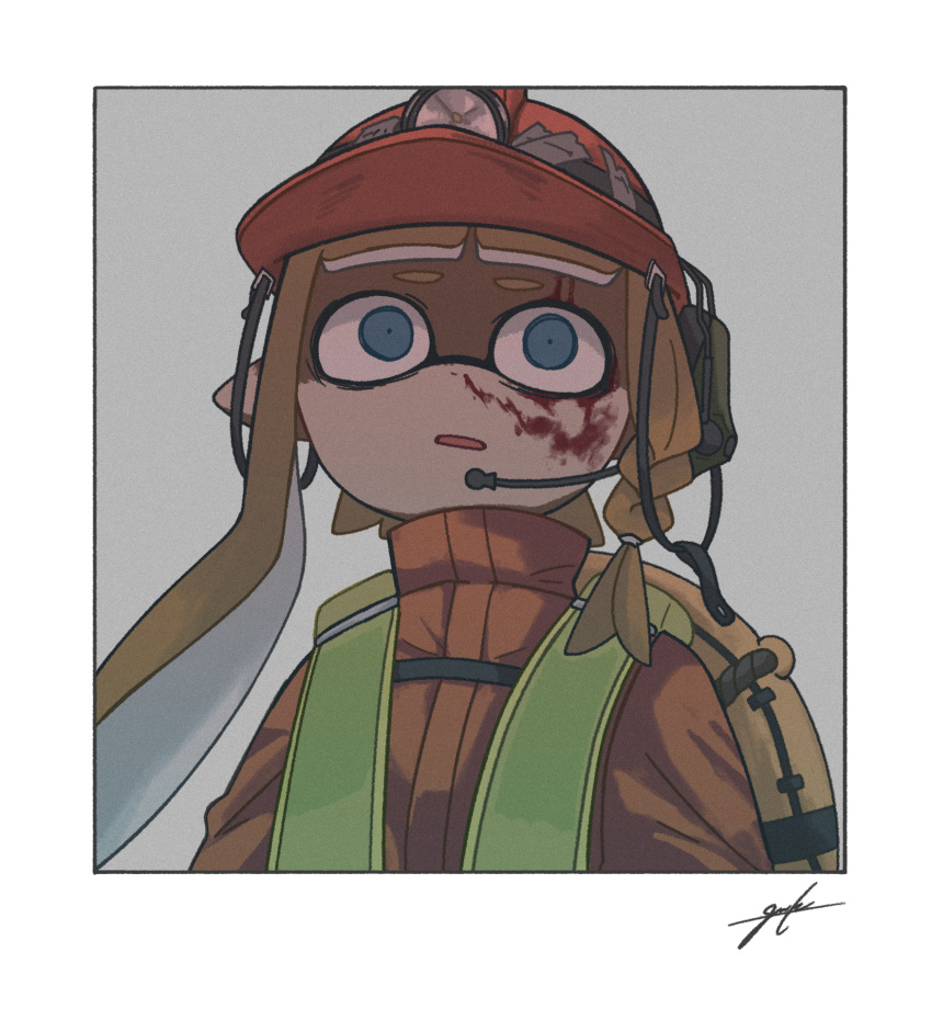 1girl blood blood_on_face blue_eyes border braid goose_g3 grey_background helmet highres inkling inkling_girl jacket microphone orange_hair orange_jacket pointy_ears red_headwear side_braid signature simple_background solo splatoon_(series) splatoon_3 vest white_border