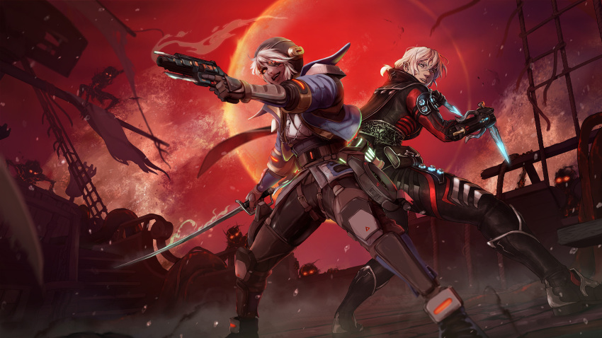 2girls apex_legends b3_wingman black_footwear black_gloves black_pants blue_footwear blue_jacket boots breasts collaboration deep_current_wattson english_commentary gloves glowing grey_hair grey_shirt gun highres holding holding_gun holding_knife holding_sword holding_weapon ifragmentix jacket jelart knife leaning_forward making-of_available medium_breasts multiple_girls official_alternate_costume open_mouth orange_eyes pants photoshop_(medium) red_sky revolver rift_stalker_wraith scar scar_on_cheek scar_on_face shirt sky smile smoke smoking_gun sword wattson_(apex_legends) weapon wraith_(apex_legends)