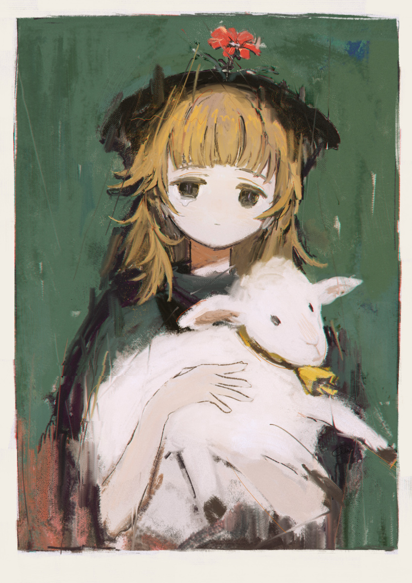 1girl bell_collar black_cloak black_eyes crying flower flower_on_head green_background highres holding holding_animal long_hair looking_at_viewer orange_hair paradis47 red_flower sheep solo