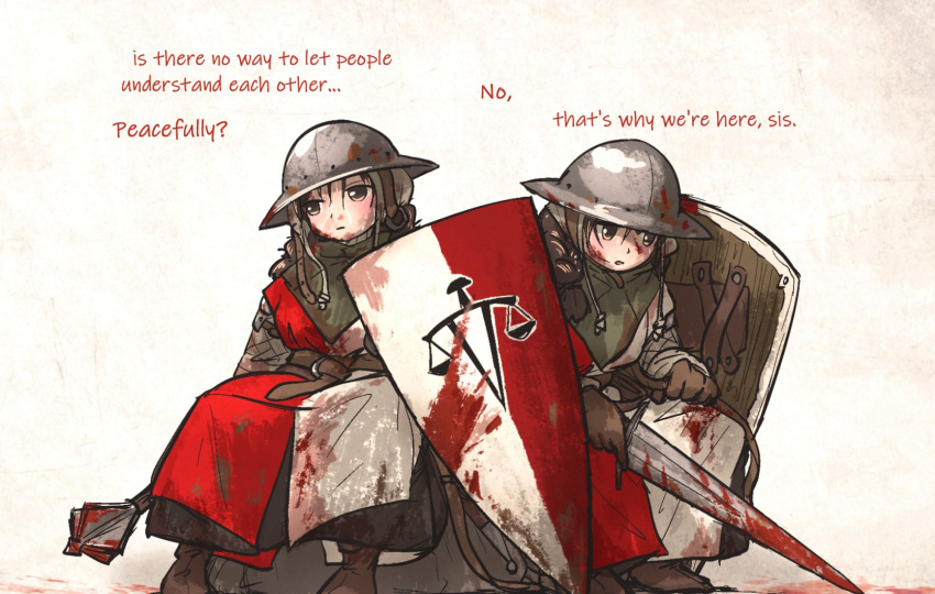 2girls blood blood_on_clothes blood_on_face blood_on_weapon braid brown_eyes brown_hair dirty dirty_clothes english_text gambeson highres ironlily kettle_helm kite_shield low_twin_braids mace multiple_girls ordo_mediare_sisters_(ironlily) sitting sweat sword twin_braids weapon