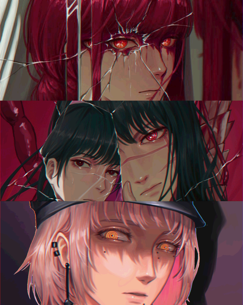 3girls absurdres black_hair blood blood_on_face broken broken_glass chainsaw_man ear_piercing fami_(chainsaw_man) fourth_wall glass hat highres long_hair looking_at_viewer makima_(chainsaw_man) mitaka_asa mole multiple_girls nthndn panels piercing pink_hair redhead ringed_eyes scar scar_on_face short_hair yoru_(chainsaw_man)