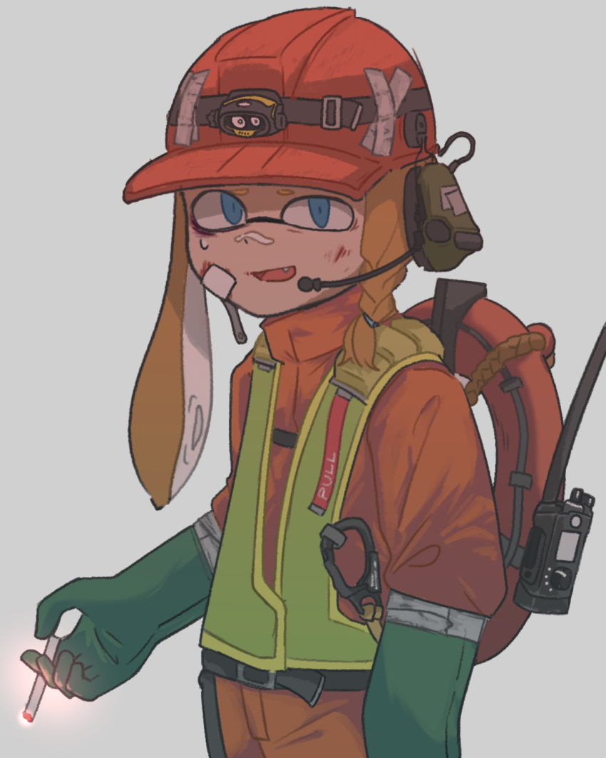 1girl belt black_belt blue_eyes braid cigarette cowboy_shot fang gloves goose_g3 green_gloves grey_background hat highres holding holding_cigarette inkling inkling_girl looking_at_viewer microphone parted_lips red_headwear shadow simple_background solo splatoon_(series) splatoon_3 vest