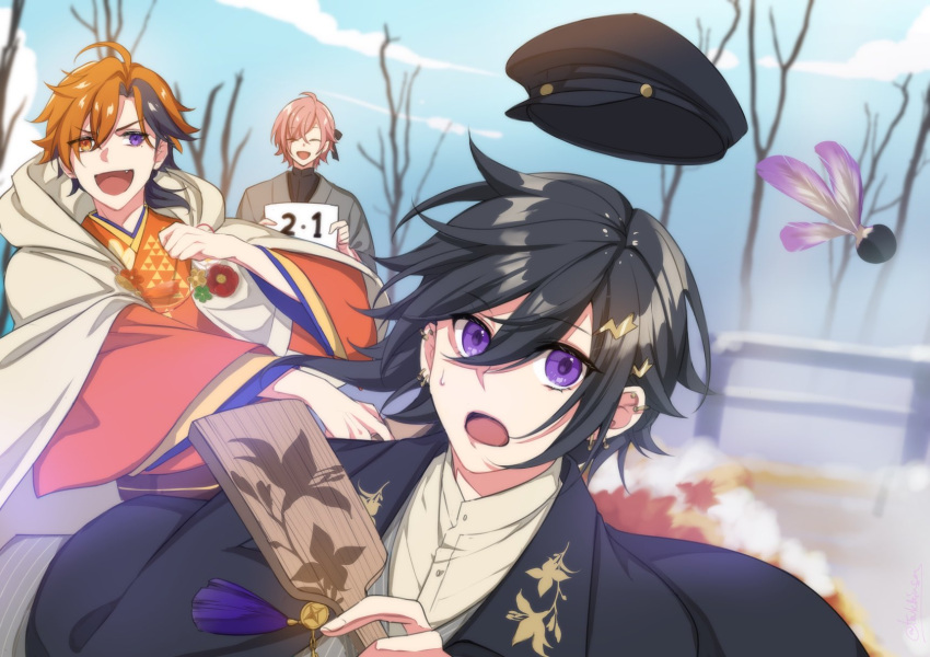 3boys :d ^_^ bare_tree black_cape black_hair black_headwear black_ribbon black_shirt bush cape cloak closed_eyes clouds dress_shirt ear_piercing earrings fang flower_ornament grey_kimono hagoita hair_between_eyes hair_ornament hair_over_one_eye hair_ribbon hairclip hane_(hanetsuki) hanetsuki hat hat_removed headwear_removed heterochromia highres holding holding_paddle holding_paper holostars hood hooded_cloak japanese_clothes jewelry kanade_izuru kimono lightning_bolt_hair_ornament lightning_bolt_symbol looking_at_another low_ponytail male_focus medium_hair mole mole_under_eye multicolored_hair multiple_boys official_alternate_costume open_mouth orange_eyes orange_hair orange_kimono paddle paper peaked_cap piercing pink_hair ribbon rikka_(holostars) scorecard shirt short_hair short_ponytail smile snow streaked_hair striped striped_kimono sweatdrop tassel tree tsukky upper_body v-shaped_eyebrows violet_eyes virtual_youtuber white_cloak white_shirt yukoku_roberu