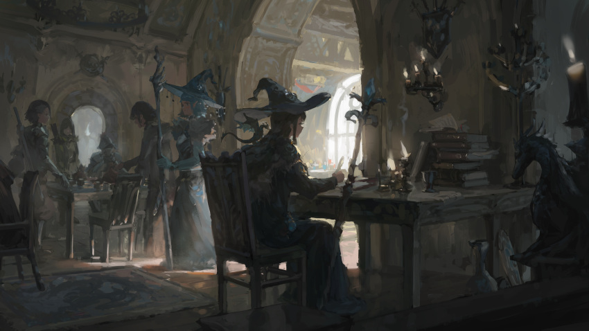 absurdres black_hair blue_hair book book_stack candle candlestand chair dragon dress familiar fantasy hat highres incredibly_absurdres long_hair multiple_girls multiple_others original short_hair sitting staff table wide_shot witch witch_hat zygocactus