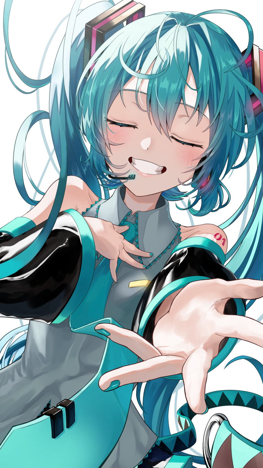 1girl absurdres aqua_eyes aqua_hair aqua_nails aqua_necktie arm_tattoo bare_shoulders black_sleeves collared_shirt commentary detached_sleeves diamond-shaped_pupils diamond_(shape) facing_viewer fingernails grey_shirt grin hair_ornament hand_on_own_chest hatsune_miku headset highres long_hair microphone nail_polish necktie number_tattoo outstretched_arm reaching_towards_viewer shirt simple_background sleeveless sleeveless_shirt smile solo symbol-shaped_pupils tattoo tatyaoekaki teeth tie_clip twintails upper_body very_long_hair vocaloid white_background
