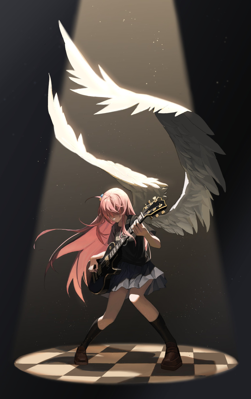 1girl absurdres angel_wings bangs black_background black_shirt black_socks bocchi_the_rock! brown_footwear checkered_floor commentary_request cube_hair_ornament electric_guitar feathered_wings fightingdodo95 gibson_les_paul gotou_hitori grey_skirt guitar hair_ornament hair_over_eyes highres holding holding_instrument instrument knees_together_feet_apart loafers long_hair music one_side_up pink_hair playing_instrument pleated_skirt shirt shoes simple_background skirt socks solo spotlight wings