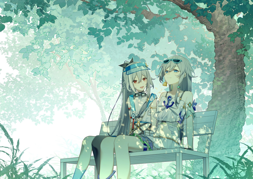 2girls absurdres anchor_ornament bangs bare_legs bare_shoulders black_choker blue_eyes choker dual_persona earrings eyewear_on_head forest fu_hua fu_hua_(herrscher_of_sentience) fu_hua_(shadow_knight) grey_hair high_ponytail highres honkai_(series) honkai_impact_3rd jewelry long_hair looking_at_another looking_up multiple_girls nature navel open_mouth outdoors ponytail red_eyes sayakilakila single_leg_pantyhose sitting skirt smile star_(symbol) summer sunglasses tree white_skirt