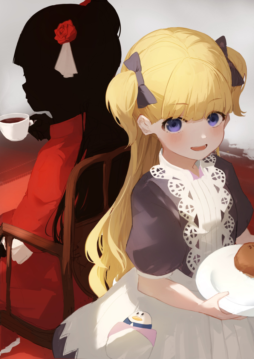 2girls absurdres apron bangs black_hair black_skin blonde_hair blue_eyes blue_ribbon blunt_bangs bow colored_skin commentary cup dress emilico_(shadows_house) flower hair_bow hair_flower hair_ornament highres holding holding_cup kate_(shadows_house) kettle_(4693-42) long_hair looking_at_viewer multiple_girls open_mouth puffy_short_sleeves puffy_sleeves red_dress ribbon shadow_(shadows_house) shadows_house short_sleeves smile two_side_up white_apron