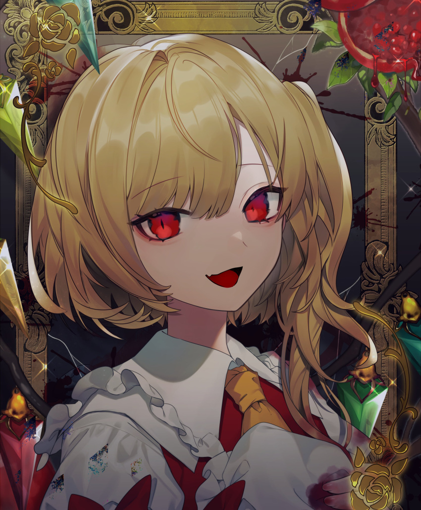 1girl absurdres ascot bangs blonde_hair blood blood_on_clothes bow crystal daimaou_ruaeru flandre_scarlet floral_print food fruit hat hat_removed headwear_removed highres holding holding_clothes holding_hat looking_at_viewer one_side_up open_mouth picture_frame pomegranate red_bow red_eyes red_vest revision rose_print shirt short_hair_with_long_locks smile solo touhou upper_body vest white_shirt wings yellow_ascot