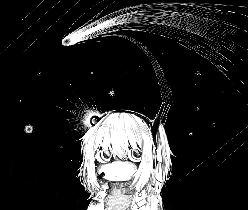 1girl a.i._voice adachi_rei closed_mouth comet frown greyscale hair_ribbon headlamp headset highres jacket medium_hair messy_hair meteor_shower microphone monochrome night open_clothes open_jacket portrait radio_antenna ribbon serious shaded_face side_ponytail sideways_glance sky solo star_(sky) starry_sky subaru_namisaki turtleneck utau