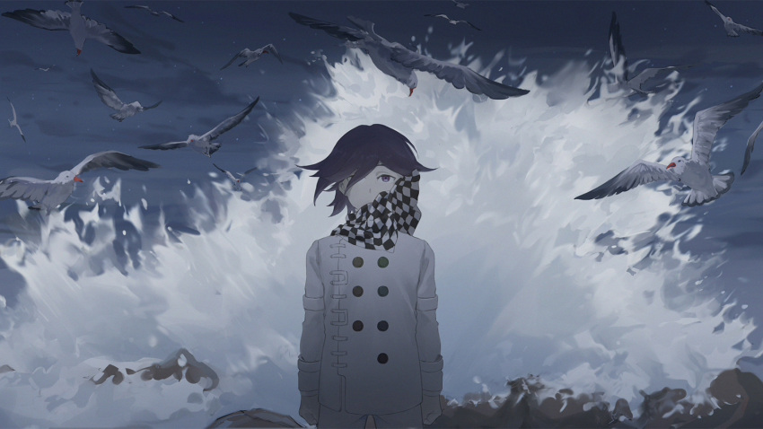 1boy bird checkered_clothes checkered_scarf danganronpa_(series) danganronpa_v3:_killing_harmony hair_over_one_eye highres ocean ouma_kokichi pale_skin purple_hair scarf seagull short_sleeves solo straitjacket too_many too_many_birds violet_eyes waves wheat_(mugi)