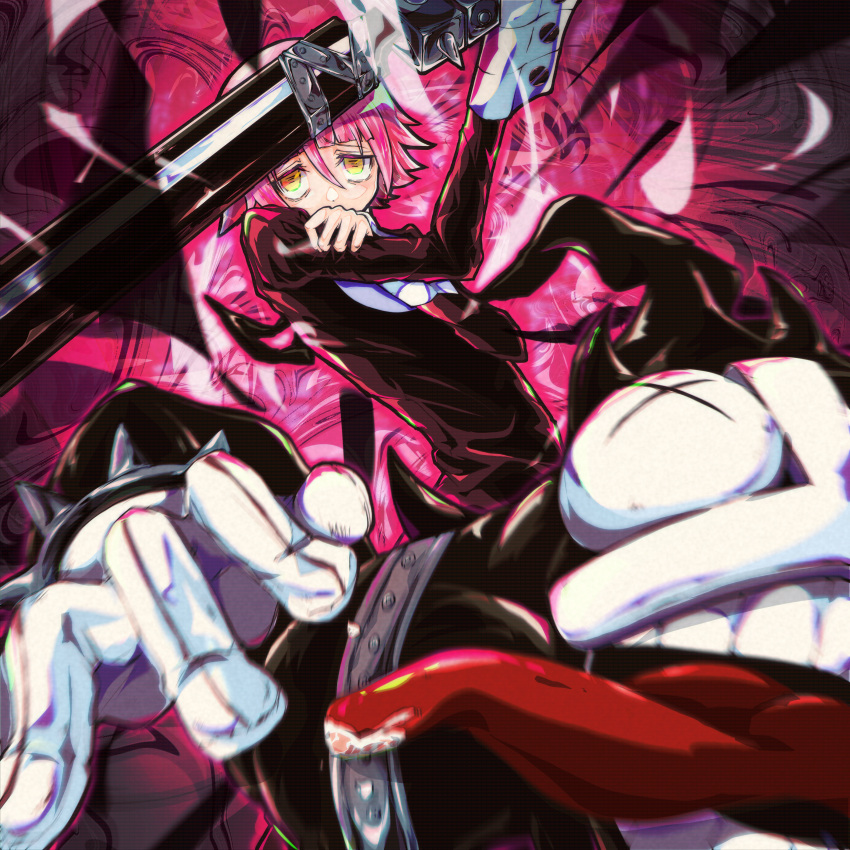 1other absurdres androgynous arm_up bangs blunt_bangs blurry blurry_foreground bracelet covering_mouth crona_(soul_eater) dress flipped_hair highres holding holding_own_arm holding_sword holding_weapon jewelry jitome long_sleeves looking_at_viewer pink_hair ragnarok_(demon_sword) s0ul20 saliva short_hair sleeve_cuffs soul_eater spiked_bracelet spikes sword tongue tongue_out weapon yellow_eyes
