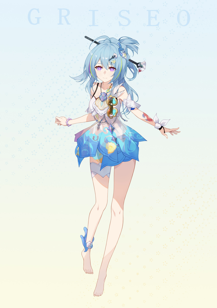 1girl absurdres ahoge bangs bare_shoulders barefoot blue_background blue_hair character_name closed_mouth full_body full_moon griseo hair_ornament highres honkai_(series) honkai_impact_3rd moon one-piece_swimsuit smile swimsuit toes two-tone_background violet_eyes white_one-piece_swimsuit yellow_background yuking-