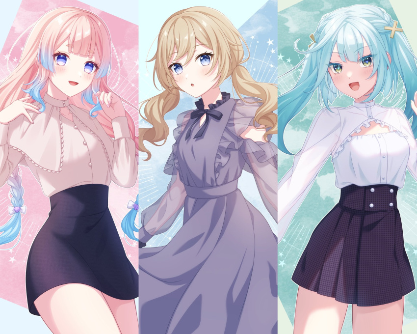 3girls :o alternate_costume aqua_hair aqua_nails bangs barbara_(genshin_impact) bare_legs black_ribbon black_skirt blonde_hair blouse blue_background blue_eyes blue_hair blunt_bangs blush border braid breasts buttons capelet chest_cutout clenched_hand clothes_pull collarbone commentary_request cowboy_shot dress dress_pull faruzan_(genshin_impact) frilled_capelet frilled_dress frilled_shirt frilled_sleeves frills from_side genshin_impact gradient_hair green_background green_eyes hair_between_eyes hair_ornament hair_ribbon hand_on_own_shoulder head_tilt highres legs_together long_hair long_sleeves looking_at_viewer low_twintails multicolored_hair multiple_girls nail_polish neck_ribbon open_mouth parted_bangs pencil_skirt pink_hair pink_ribbon pink_shirt pleated_skirt pleated_sleeves pochimaru_(marumaru_wanwan) puffy_long_sleeves puffy_sleeves pulled_by_self purple_dress purple_nails purple_ribbon ribbon sangonomiya_kokomi see-through see-through_sleeves shirt sidelocks simple_background skirt small_breasts smile swept_bangs thighs triangle-shaped_pupils twin_braids twintails two-tone_background very_long_hair violet_eyes wavy_hair white_background white_border white_shirt x_hair_ornament