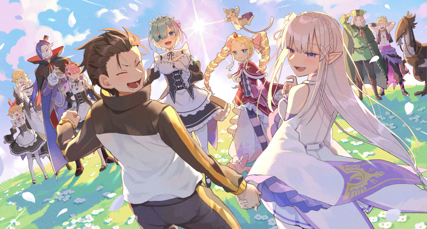 4boys 6+girls :d bangs bare_shoulders beatrice_(re:zero) black_footwear blonde_hair blue_eyes blue_hair blush boots braid brown_footwear brown_hair capelet cat closed_eyes closed_mouth clouds commentary_request crown day dress drill_hair duplicate emilia_(re:zero) falling_petals flower frederica_baumann fur-trimmed_capelet fur_trim garfiel_tinsel grass grey_hair hair_ribbon hand_up happy highres holding_hands jacket long_hair lower_teeth_only maid mini_crown multiple_boys multiple_girls natsuki_subaru open_mouth otto_suewen outdoors pants pantyhose parted_bangs parupin patrasche_(re:zero) petals petra_leyte pixel-perfect_duplicate pointy_ears puck_(re:zero) ram_(re:zero) re:zero_kara_hajimeru_isekai_seikatsu red_capelet red_ribbon rem_(re:zero) ribbon roswaal_l._mathers roswaal_mansion_maid_uniform shoes short_hair sidelocks sky smile standing striped striped_pantyhose sun symbol-shaped_pupils teeth tongue track_jacket twin_drills twintails violet_eyes white_flower wide_sleeves