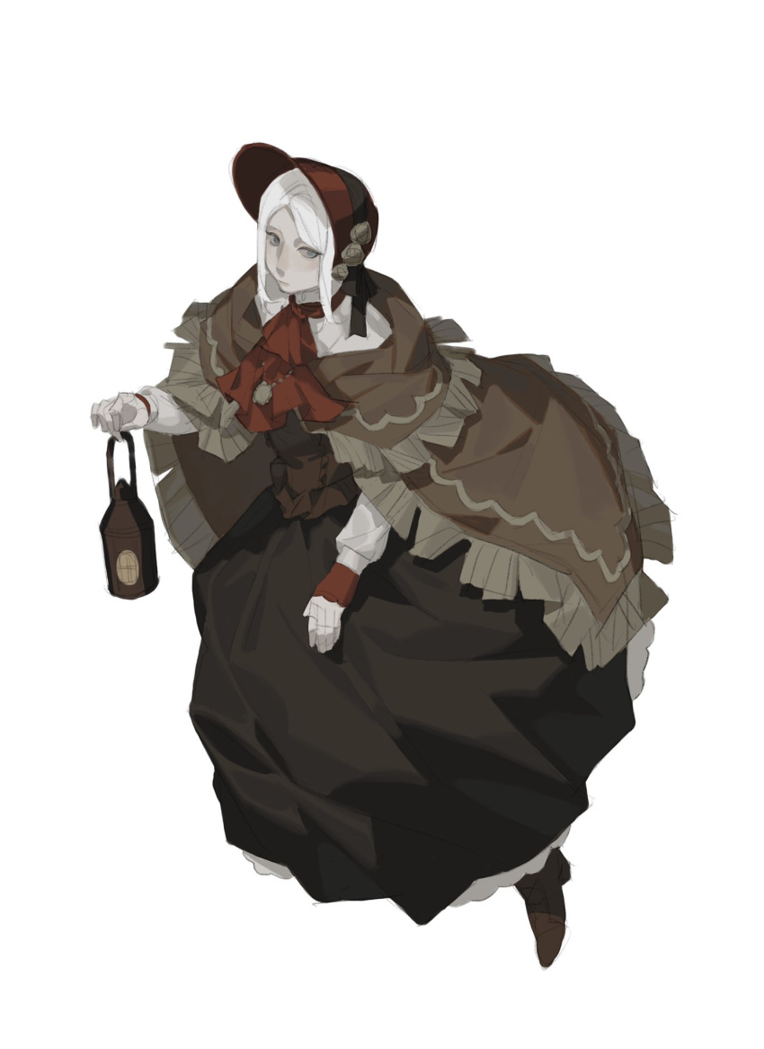 1girl ascot bangs bloodborne blush bonnet brown_footwear cloak doll_joints dress flower hat highres holding_lamp joints la_bo_chu_shi looking_at_viewer plain_doll red_ascot red_headwear shoes short_hair simple_background solo white_background white_hair