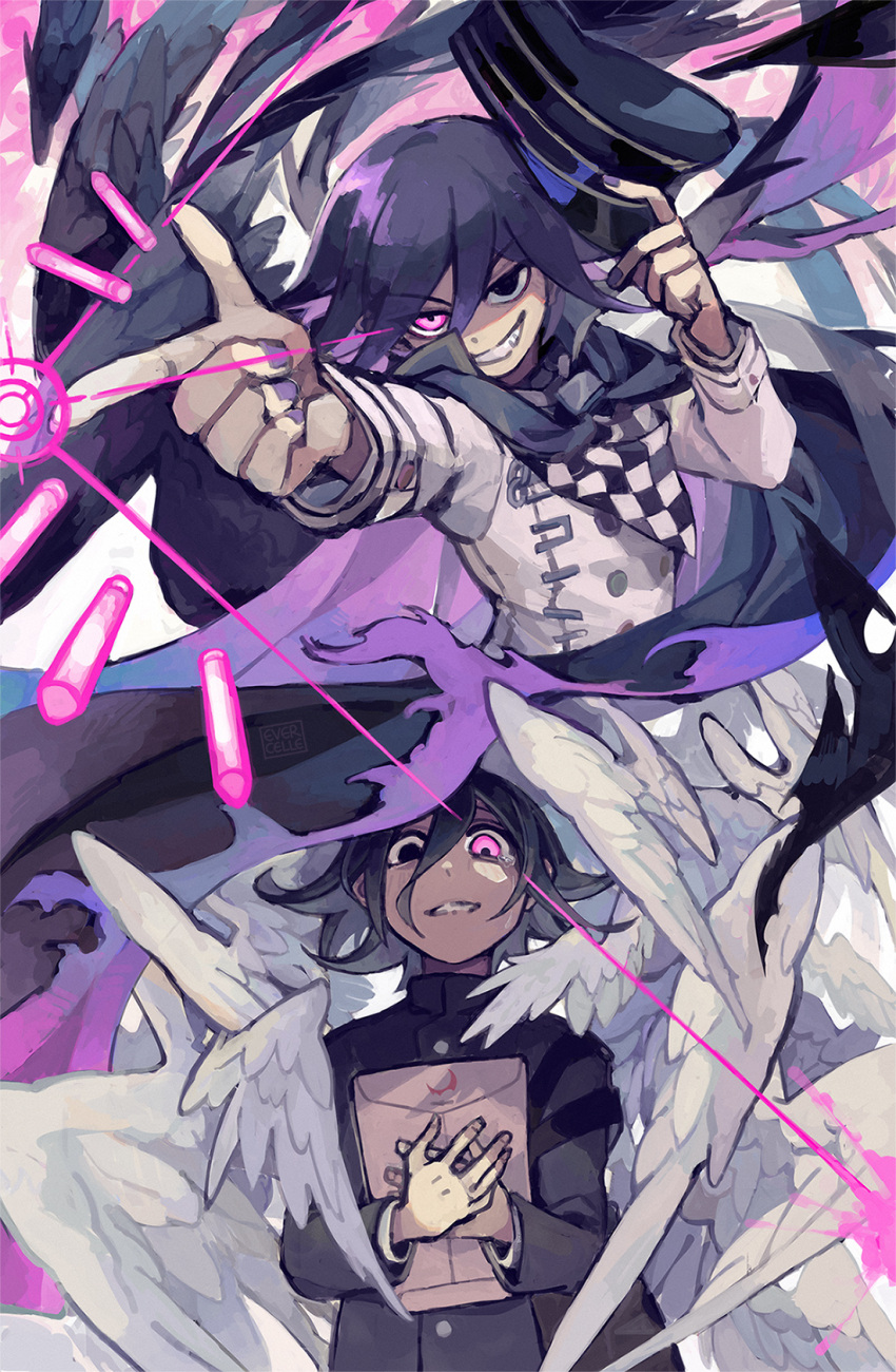 1boy bangs black_cape black_hair black_headwear black_jacket cape checkered_clothes checkered_scarf danganronpa_(series) danganronpa_v3:_killing_harmony evercelle finger_gun flipped_hair grin hair_between_eyes hat heterochromia highres holding holding_clothes holding_hat jacket long_sleeves medium_hair multiple_views nail_polish official_alternate_costume ouma_kokichi pink_cape pink_eyes pink_hair scarf smile tearing_up teeth torn_cape torn_clothes wings