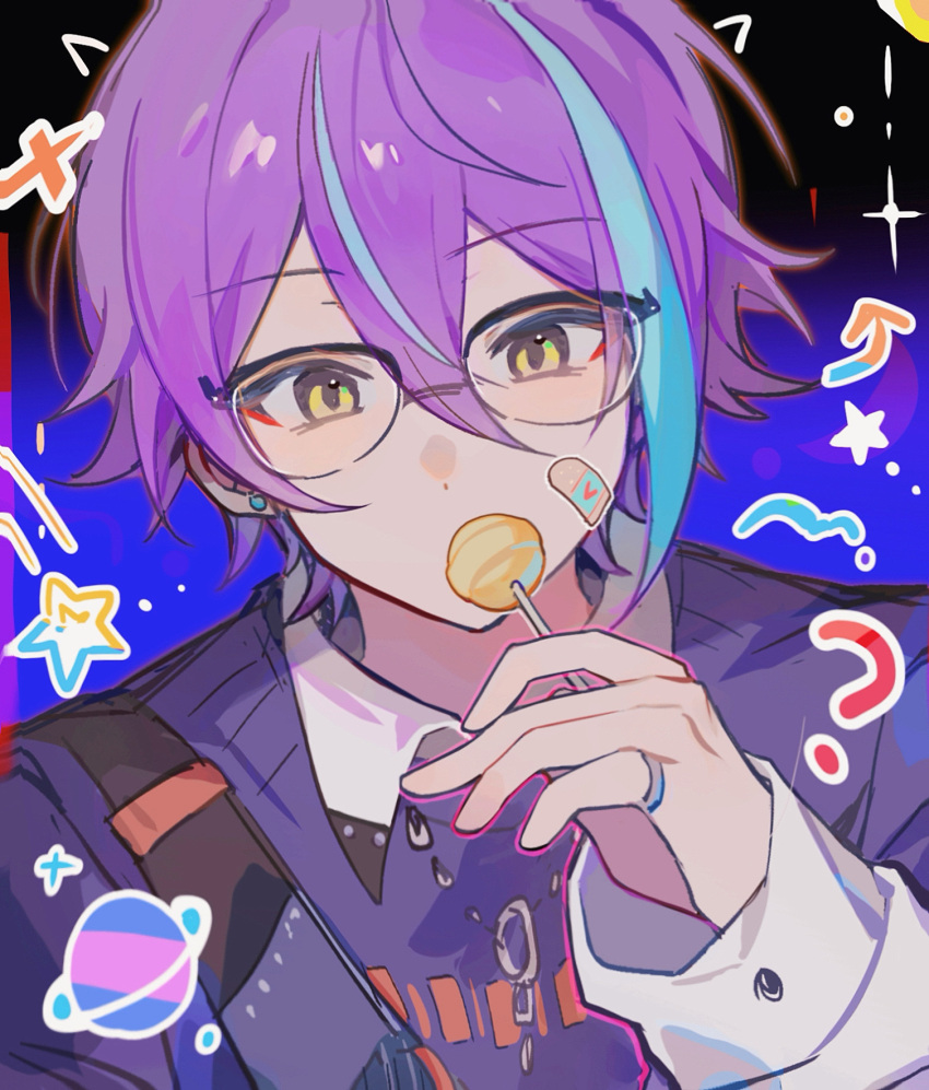 1boy ? aqua_hair bandaid bandaid_on_face bangs bespectacled black-framed_eyewear black_background blue_background blue_sweater buttons candy commentary covered_mouth earrings eyewear_visible_through_hair food glasses gradient_background hair_behind_eyewear hair_between_eyes highres hisakawa_sora holding holding_candy holding_food holding_lollipop jewelry kamishiro_rui lollipop long_bangs long_sleeves looking_at_viewer male_focus multicolored_background multicolored_hair over-rim_eyewear planet portrait project_sekai purple_hair semi-rimless_eyewear shirt short_hair solo sparkle star_(symbol) straight-on strap streaked_hair stud_earrings sweater two-tone_hair upper_body white_shirt yellow_eyes