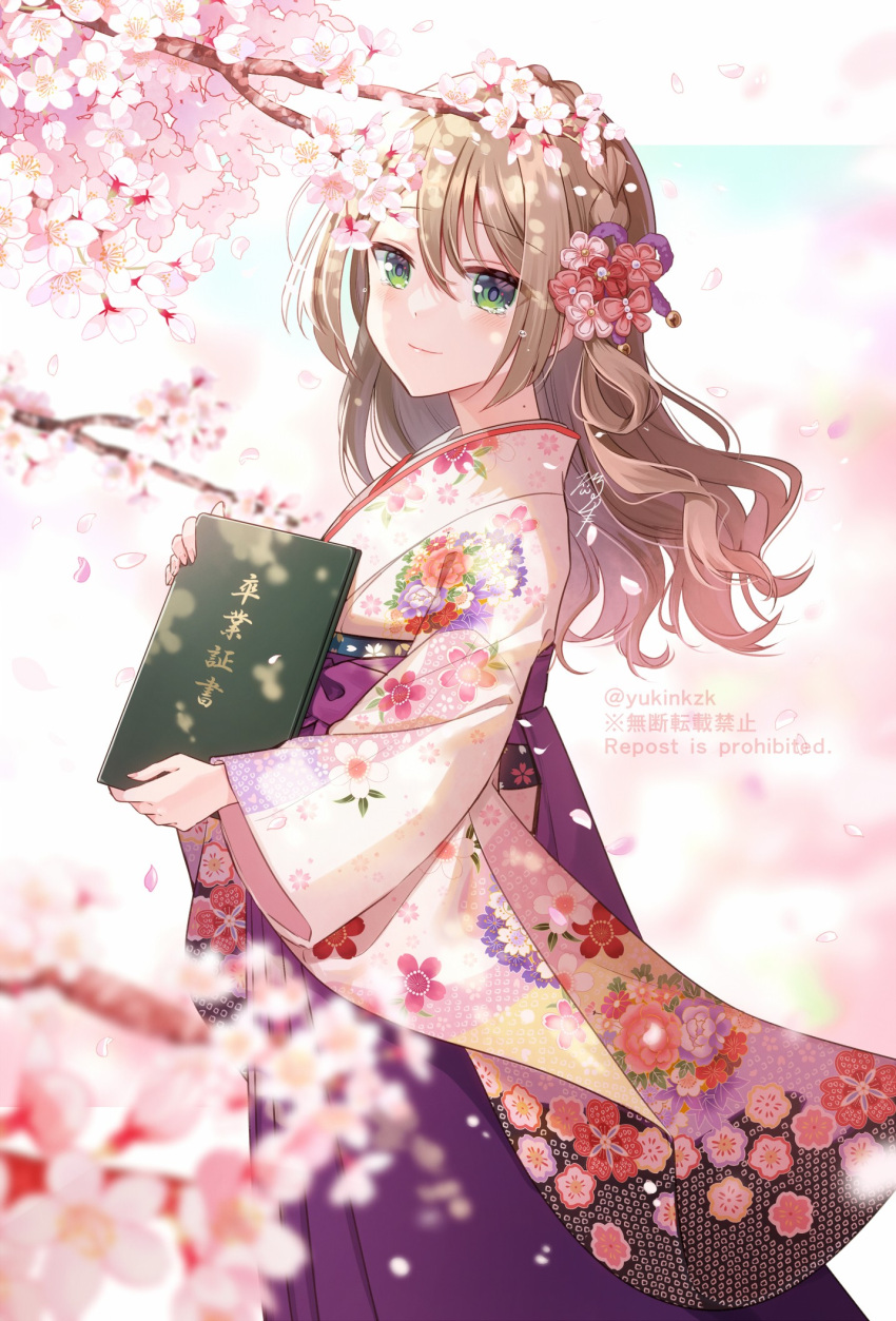 1girl bangs blurry blurry_foreground blush braid branch brown_hair cherry_blossoms closed_mouth commentary_request depth_of_field floral_print flower from_side green_eyes hair_between_eyes hair_flower hair_ornament hakama hakama_skirt highres holding japanese_clothes kimono long_hair long_sleeves looking_at_viewer looking_to_the_side nekozuki_yuki original petals pink_flower print_kimono purple_hakama red_flower skirt smile solo translation_request twitter_username watermark white_flower white_kimono wide_sleeves