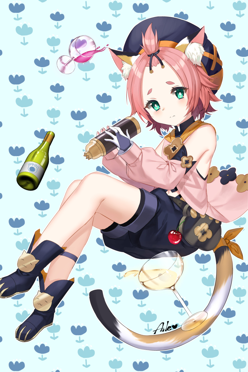1girl absurdres aile_(crossroads) animal_ear_fluff animal_ears bangs_pinned_back beret black_footwear black_headwear black_shorts blue_background boots bottle bridal_gauntlets cat_ears cat_girl cat_tail closed_mouth commentary_request cup detached_sleeves diona_(genshin_impact) drinking_glass forehead genshin_impact gloves green_eyes hat highres holding long_sleeves pink_hair pink_shirt pink_sleeves puffy_long_sleeves puffy_shorts puffy_sleeves shirt short_eyebrows short_hair shorts simple_background sleeveless sleeveless_shirt solo tail thick_eyebrows white_gloves wine_glass