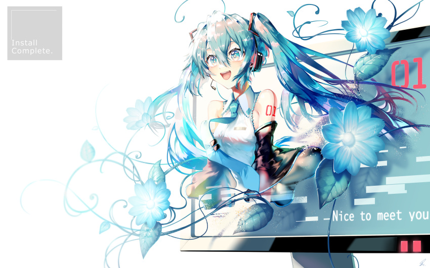 1girl :d bangs black_sleeves blue_eyes blue_hair blue_necktie collared_shirt commentary_request detached_sleeves dress_shirt english_text hair_between_eyes hatsune_miku headphones headset highres long_hair long_sleeves monitor necktie saihate_(d3) shirt simple_background sleeveless sleeveless_shirt smile solo through_screen tie_clip very_long_hair vocaloid white_background white_shirt wide_sleeves