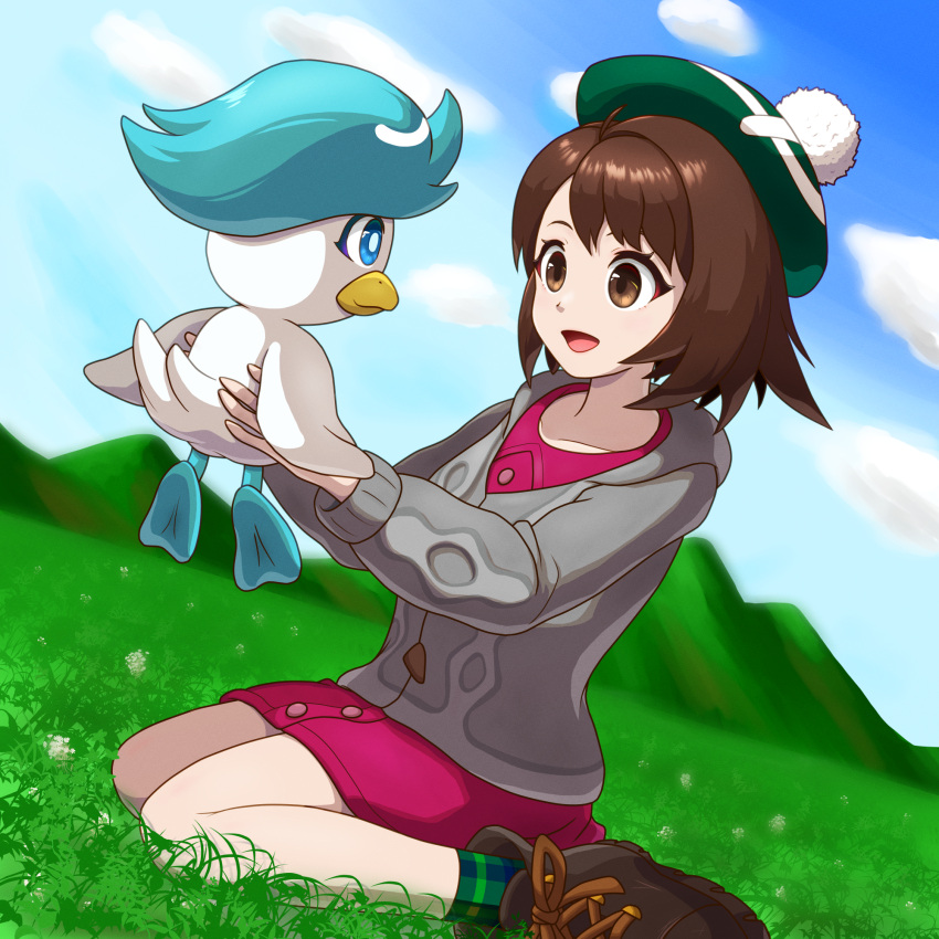 1girl :d bob_cut boots brown_eyes brown_footwear brown_hair buttons cable_knit cardigan clouds collared_dress commentary_request day dress gloria_(pokemon) grass green_headwear green_socks grey_cardigan hat highres holding holding_pokemon hooded_cardigan open_mouth outdoors pink_dress plaid_socks pokemon pokemon_(creature) pokemon_(game) pokemon_swsh quaxly ragurimo short_hair sitting sky smile socks tam_o'_shanter tongue