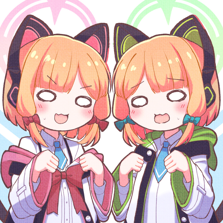 2girls :3 :d animal_ear_headphones animal_ears bangs blue_archive blunt_bangs bow cat_ear_headphones clenched_hands collared_shirt commentary_request denki_blanco fake_animal_ears hair_bow hair_ribbon halo headphones highres hooded_coat long_sleeves looking_at_viewer midori_(blue_archive) momoi_(blue_archive) multiple_girls necktie o_o orange_hair parted_bangs paw_pose ribbon school_uniform shirt short_hair siblings sidelocks simple_background smile suspenders tress_ribbon twins white_background