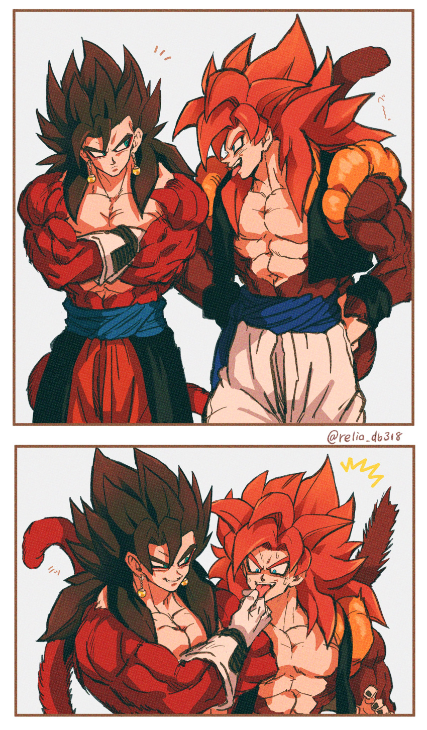 2boys absurdres biceps black_hair black_wristband blue_eyes blue_sash body_fur dragon_ball dragon_ball_gt dragon_ball_heroes earrings gogeta green_eyes highres jewelry long_hair metamoran_vest monkey_boy monkey_tail multiple_boys no_nipples potara_earrings red_fur redhead relio_db318 sash spiky_hair super_saiyan super_saiyan_4 tail tongue tongue_out vegetto vegetto_(xeno) veins veiny_hands