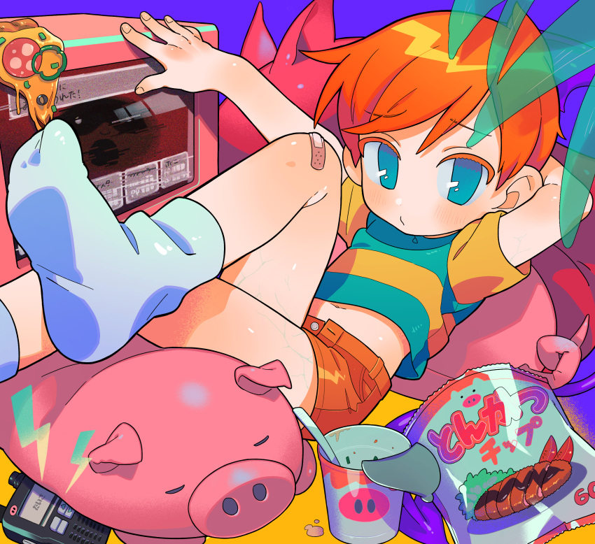 1boy absurdres bandage_on_knee blue_eyes child claus_(mother_3) food highres indoors looking_at_viewer lying male_child male_focus mi_(33tb) mother_(game) mother_3 navel on_back pig pizza redhead shirt shorts socks solo striped striped_shirt stuffed_animal stuffed_toy