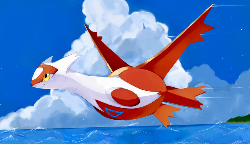 closed_mouth clouds commentary day flying from_side full_body highres kou11021301 latias no_humans outdoors pokemon pokemon_(creature) sky smile solo symbol-only_commentary water yellow_eyes