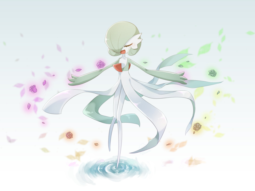 1girl ariumu arms_up aura bangs blue_background blush bob_cut closed_eyes collarbone colored_skin commentary_request flat_chest flower full_body gardevoir gradient_background green_flower green_hair green_skin hair_over_one_eye happy leg_up legs long_legs multicolored_skin one_eye_covered open_mouth orange_flower outstretched_arms partial_commentary petals pink_flower pokemon pokemon_(creature) ripples short_hair smile solo standing standing_on_liquid standing_on_one_leg telekinesis thighs two-tone_skin u_u water white_skin yellow_flower