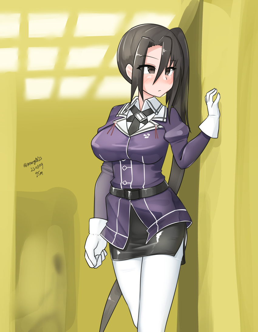 1girl absurdly_long_hair absurdres black_hair black_necktie black_skirt brown_eyes collared_shirt cowboy_shot dress_shirt gloves highres jacket kantai_collection long_hair looking_to_the_side maru_(marg0613) nachi_(kancolle) necktie one-hour_drawing_challenge pantyhose pencil_skirt purple_jacket shirt side_ponytail skirt solo standing very_long_hair white_gloves white_pantyhose white_shirt