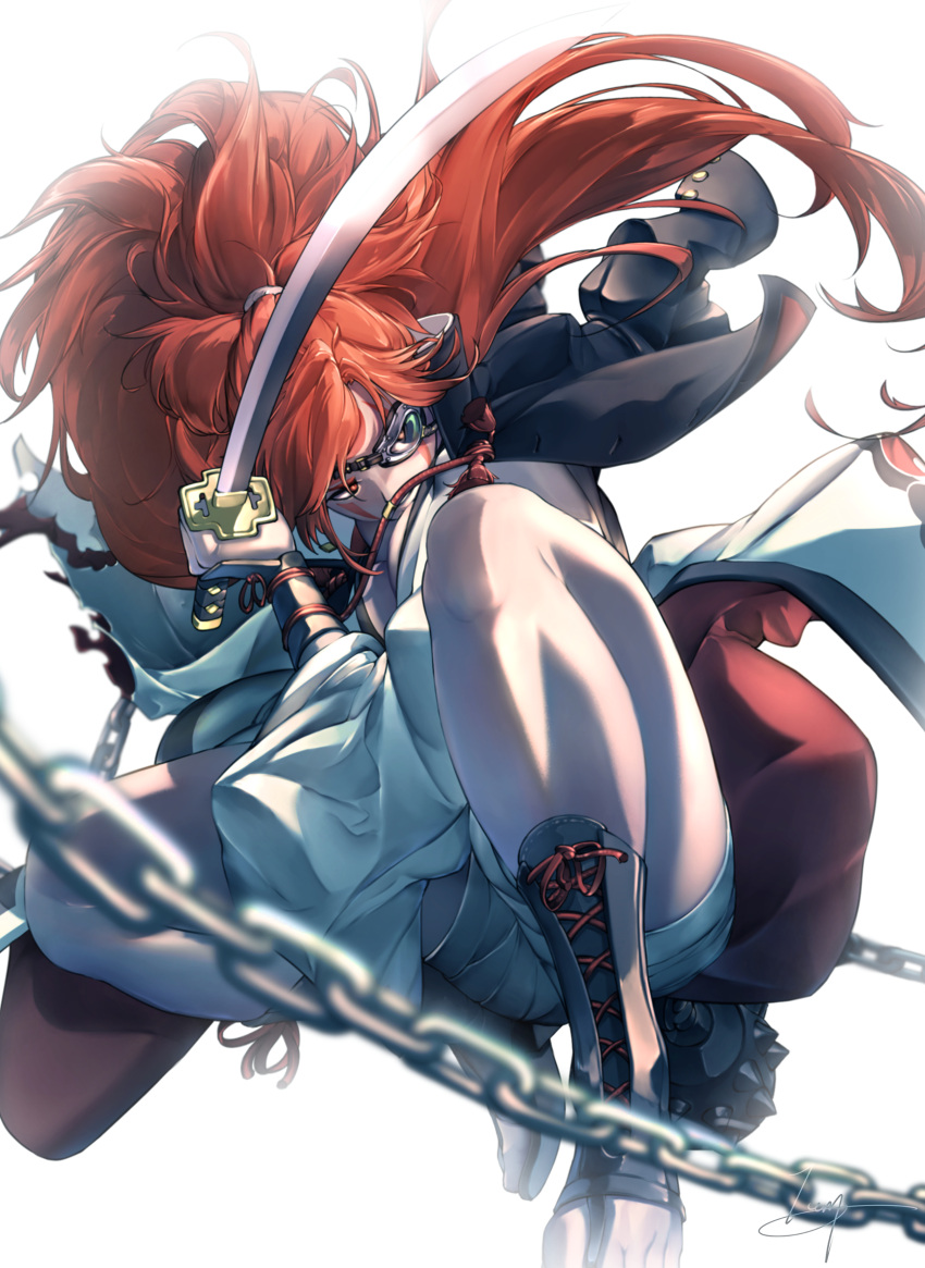 absurdres amputee baiken big_hair black_jacket black_kimono breasts eyepatch facial_tattoo guilty_gear guilty_gear_strive highres jacket jacket_on_shoulders japanese_clothes katana kimono large_breasts long_hair multicolored_clothes multicolored_kimono one-eyed open_clothes open_kimono ponytail red_eyes redhead samurai sandals sword tattoo teppu_tora weapon white_kimono