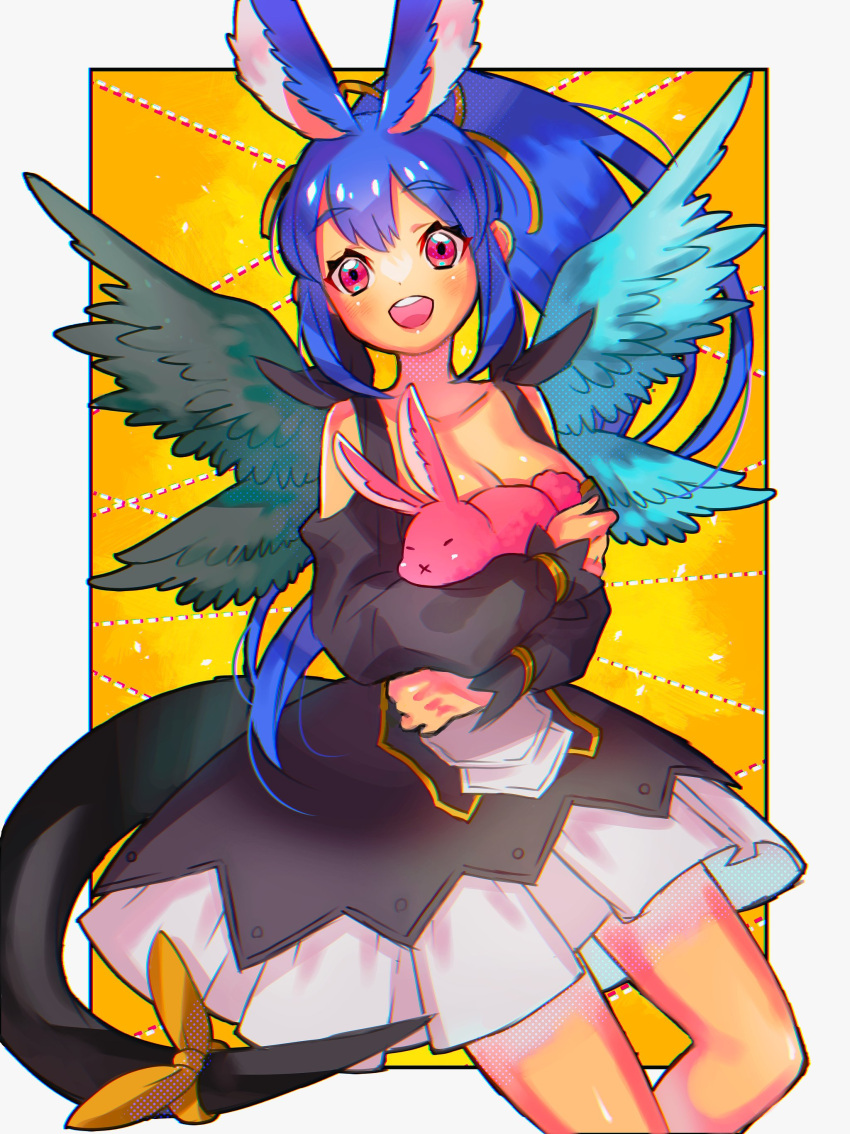 1girl absurdres angel_wings animal_ears aqua_wings asymmetrical_wings black_dress blue_hair bow breasts dark_blue_hair detached_sleeves dizzy_(guilty_gear) dress feathered_wings green_wings guilty_gear guilty_gear_vastedge_xt hair_bow hair_ribbon high_ponytail highres large_breasts long_hair long_sleeves looking_at_viewer official_alternate_costume open_mouth rabbit rabbit_ears red_eyes ribbon tail tail_ornament tail_ribbon wings yellow_bow yellow_ribbon yohane_shimizu