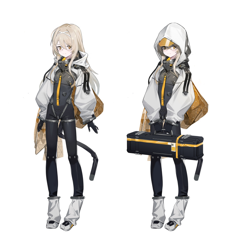 1girl absurdres arms_at_sides black_bodysuit blonde_hair bodysuit breasts case commentary dzhangfu5033 full_body highres holding_case hood hood_up long_hair looking_at_viewer original shrug_(clothing) small_breasts standing symbol-only_commentary variations yellow_eyes