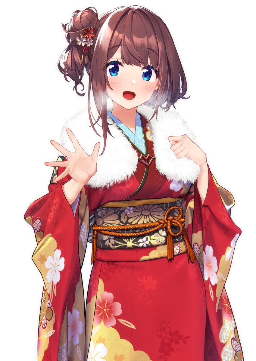 1girl 2021 :d absurdres baffu blue_eyes blush breasts breath brown_hair clenched_hand commentary_request floral_print fur_trim hair_bun hair_ornament hands_up highres hitoyo_(baffu) japanese_clothes kimono large_breasts long_sleeves looking_at_viewer new_year obi open_hand open_mouth original red_kimono sash simple_background single_hair_bun smile solo translated upper_body white_background wide_sleeves