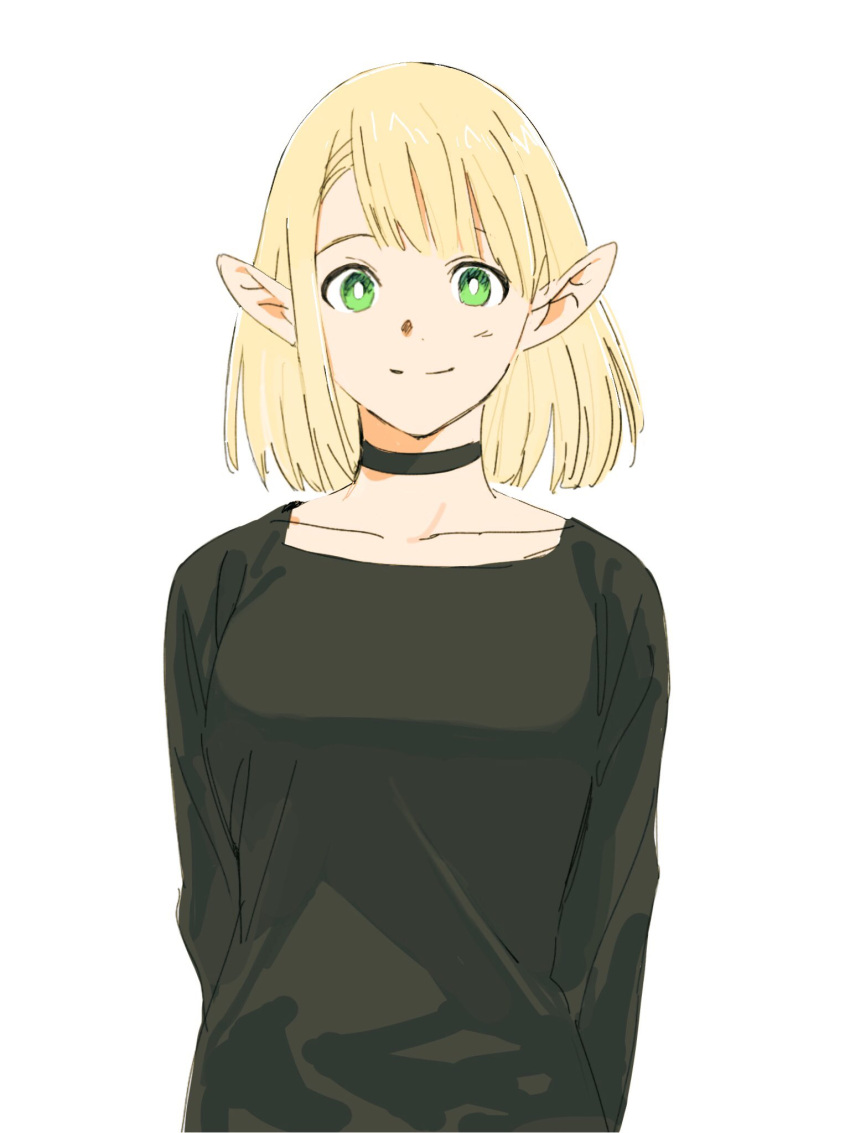 1girl alternate_hair_length alternate_hairstyle arms_behind_back bangs black_shirt blonde_hair bob_cut breasts closed_mouth dungeon_meshi frs2 green_eyes highres long_sleeves looking_at_viewer marcille shirt short_hair simple_background solo upper_body white_background