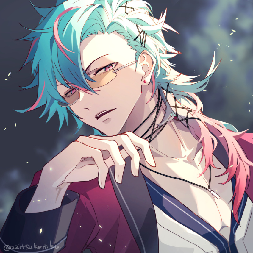 1boy azitsukeniku blue_hair coat earrings eiyuu_densetsu hair_ribbon hajimari_no_kiseki highres jewelry light_particles long_hair long_sleeves looking_at_viewer male_focus mcburn multicolored_hair necklace open_clothes open_coat orange-tinted_eyewear parted_lips partially_unbuttoned pectorals pink_hair portrait red_coat ribbon rimless_eyewear solo streaked_hair stud_earrings tinted_eyewear twitter_username