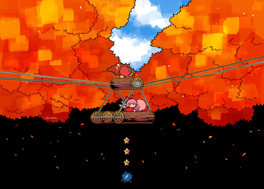 1boy 1girl 1other absurdres autumn autumn_leaves dress fairy falling_leaves highres kirby kirby_(series) kirby_64 leaf log looking_back rariatto_(ganguri) red_dress red_ribbon ribbon ribbon_(kirby) solid_circle_eyes star_(symbol) sweatdrop waddle_dee wings