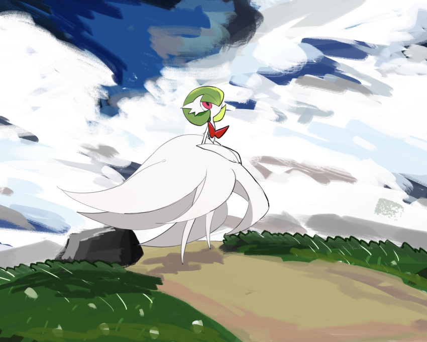1girl bangs blue_sky bob_cut clouds colored_skin commentary day dress elbow_gloves flat_chest full_body gardevoir gloves grass green_hair hair_over_one_eye highres looking_up mega_gardevoir mega_pokemon one_eye_covered outdoors own_hands_together path pokemon pokemon_(creature) red_eyes road rock short_hair sky solo standing strapless strapless_dress takashi_(pixiv_80298118) white_dress white_skin