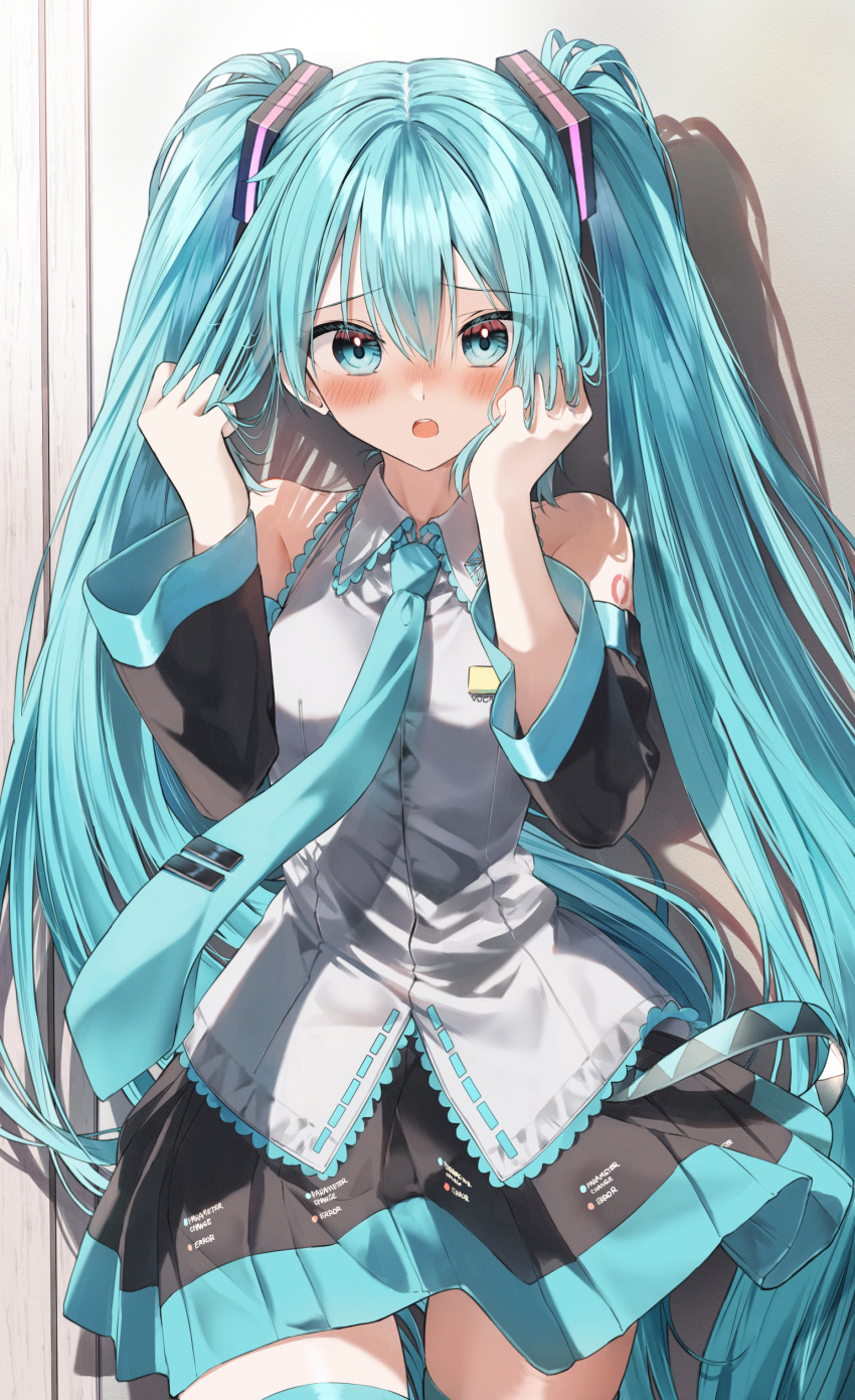 1girl 39 absurdres bangs bare_shoulders black_skirt black_sleeves blue_eyes blue_hair blue_necktie blush collared_shirt detached_sleeves dress_shirt hair_between_eyes hand_in_own_hair hands_in_hair hands_up hatsune_miku highres holding holding_hair long_hair long_sleeves looking_at_viewer miku_day necktie nose_blush open_mouth pentagon_(railgun_ky1206) pleated_skirt shirt skirt sleeveless sleeveless_shirt solo tie_clip twintails very_long_hair vocaloid white_shirt